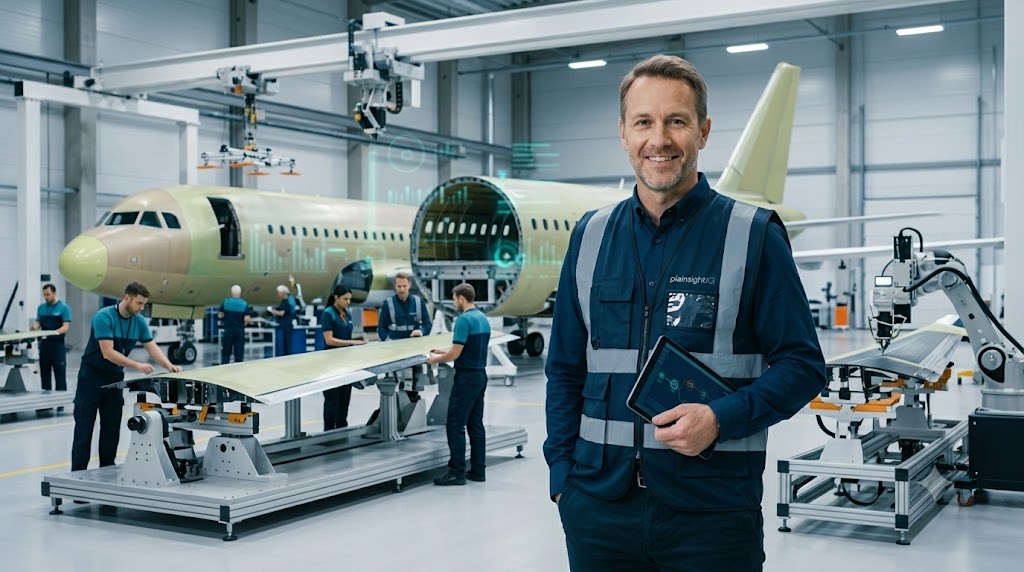Senior supply chain expert on a modern aerospace manufacturing floor