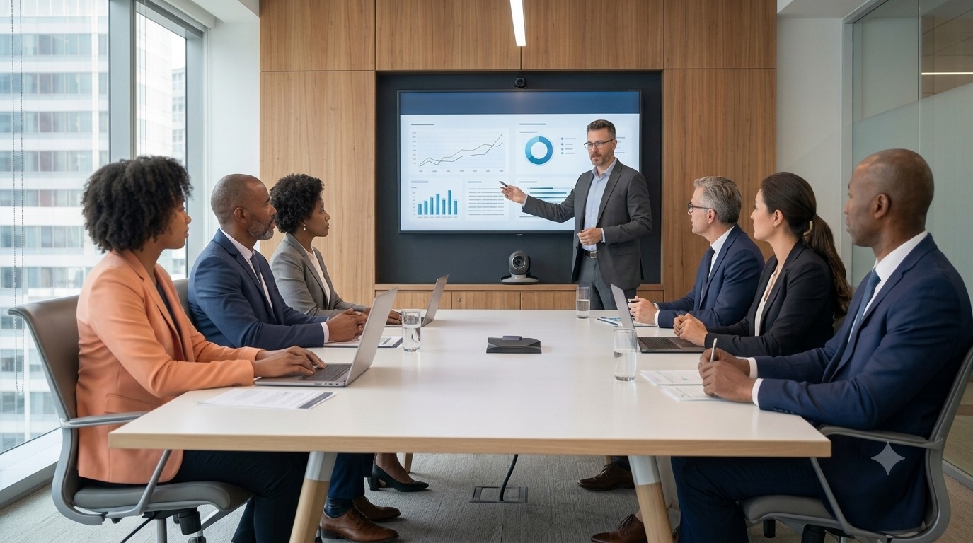 Executive steering committee reviewing SAP implementation data in a modern boardroom